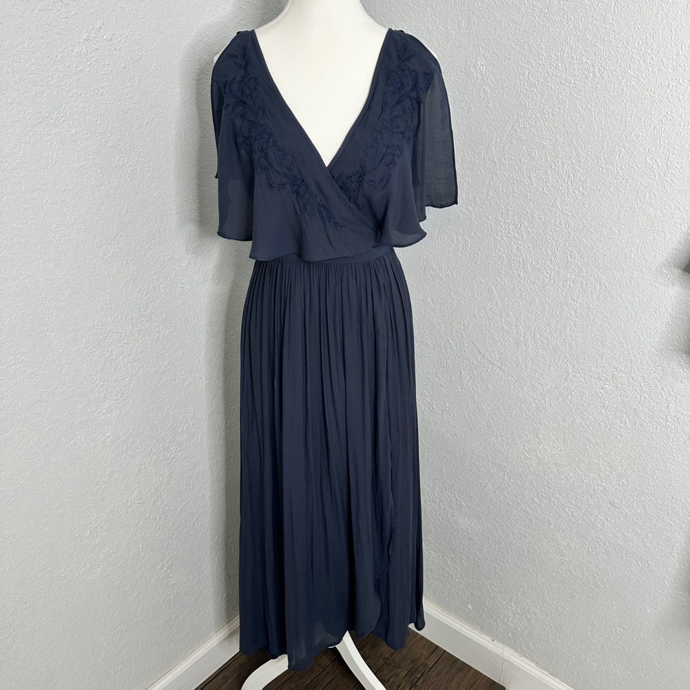 Free People Navy Blue‎ Embroidered Maxi Dress Flutter Sleeve Wrap Front